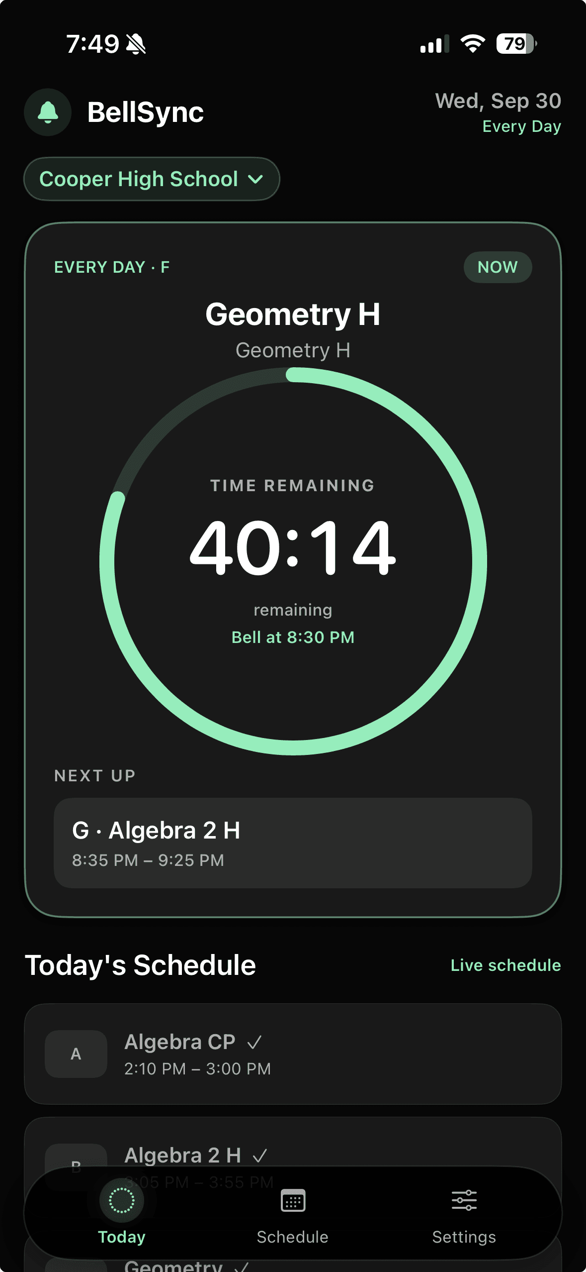 BellSync on iPhone showing the current class, time remaining, and next class