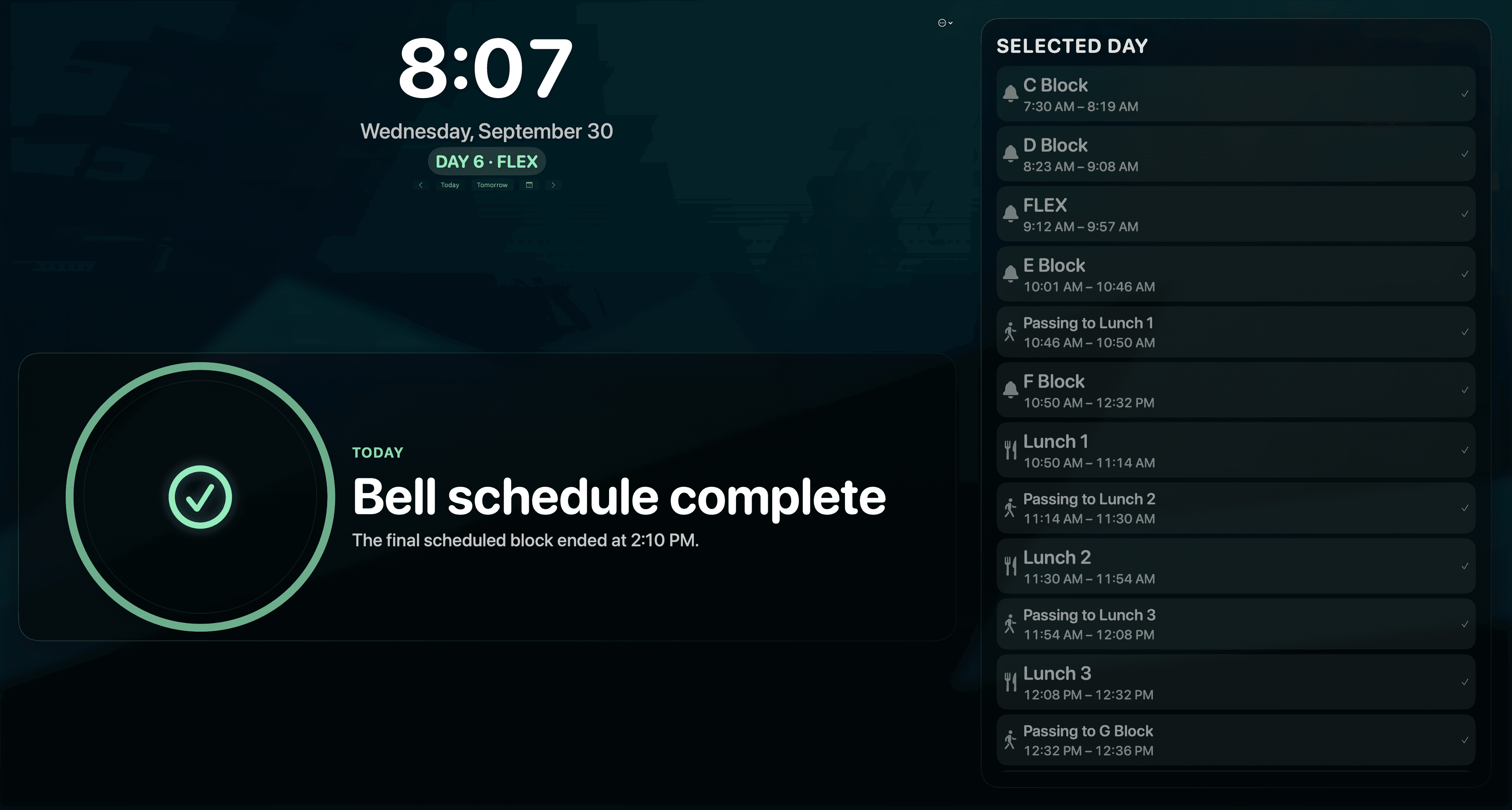 BellSync Mac display with the day’s bell schedule